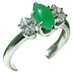 Natural Marquise Jade Ring with Certificate, Type A Jadeite and Oval Diamond 3-S