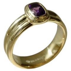 Cushion Natural Amethyst Double Bezel Engagement Ring in 18K Yellow Gold, Purple