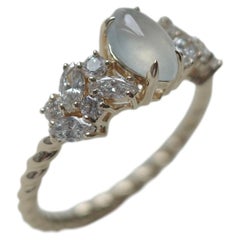 Natural Type A Icy White Jade Ring, The Knots Twisted Wave Band Marquise Diamond