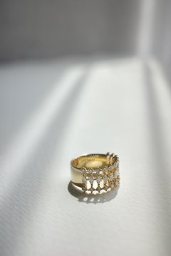 Wide 14K Yellow Gold Marquise Diamond Ring, Modern Architecture Half Eternity Ba