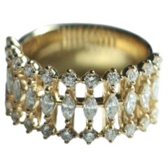 Wide 14K Yellow Gold Marquise Diamond Ring, Modern Architecture Half Eternity Ba