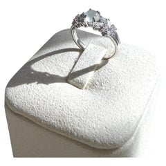 Type A Natural Icy Jade Ring, Marquise & Round Diamond Cluster Band, 14K White G