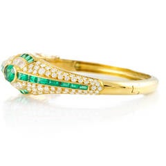 Emerald Diamond Gold Hinged Bangle Bracelet
