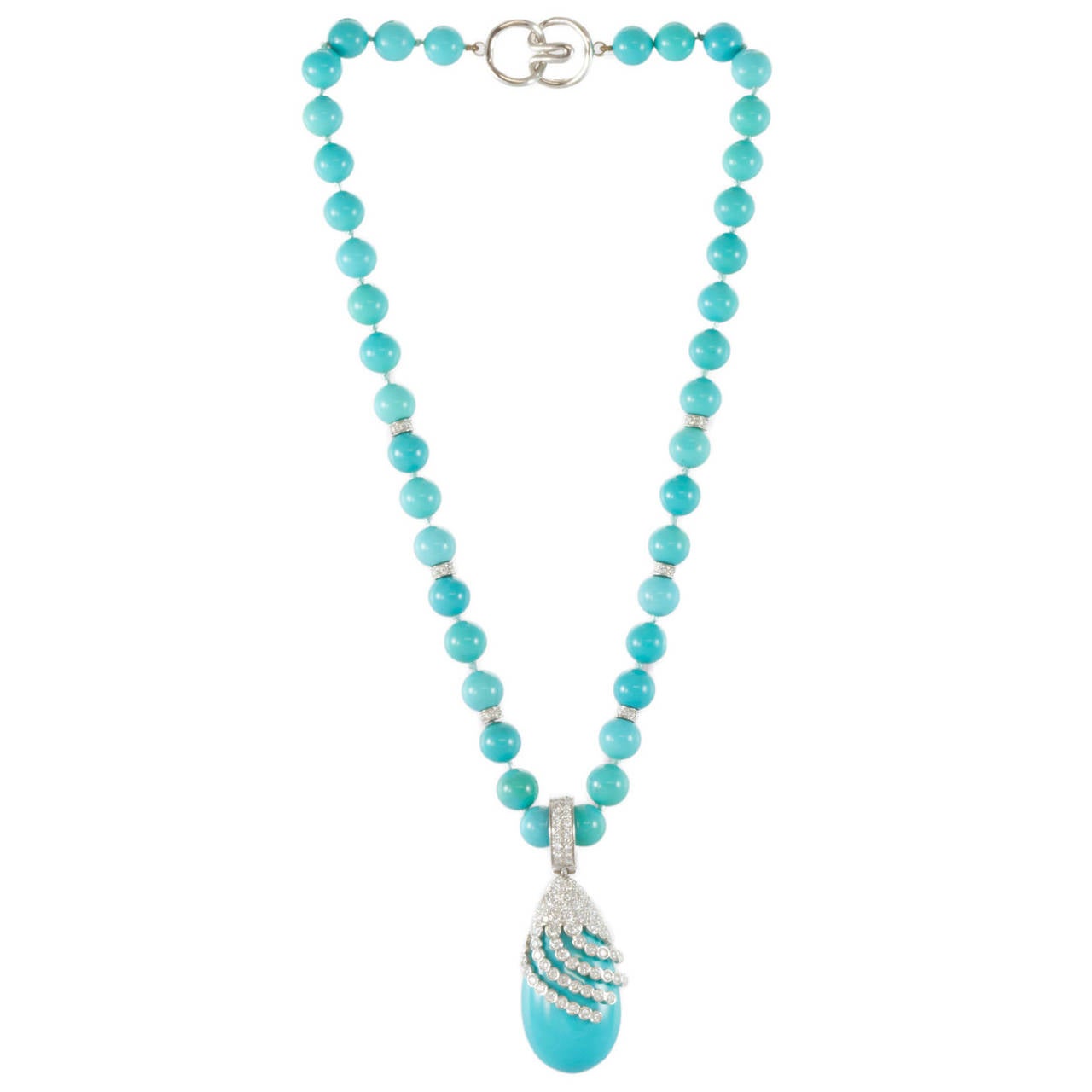 Turquoise Diamond Gold Beaded Necklace For Sale