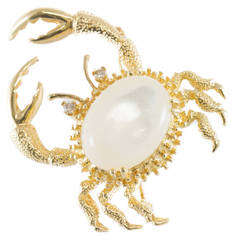 Vintage Mother of Pearl Diamond Gold Crab Brooch
