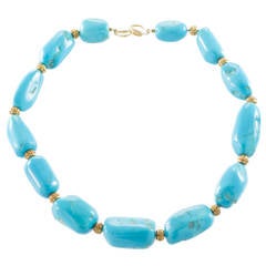 20th Century Turquoise Nugget  Bead Gold Necklace