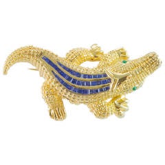 Vintage Sapphire Emerald Gold Alligator Brooch