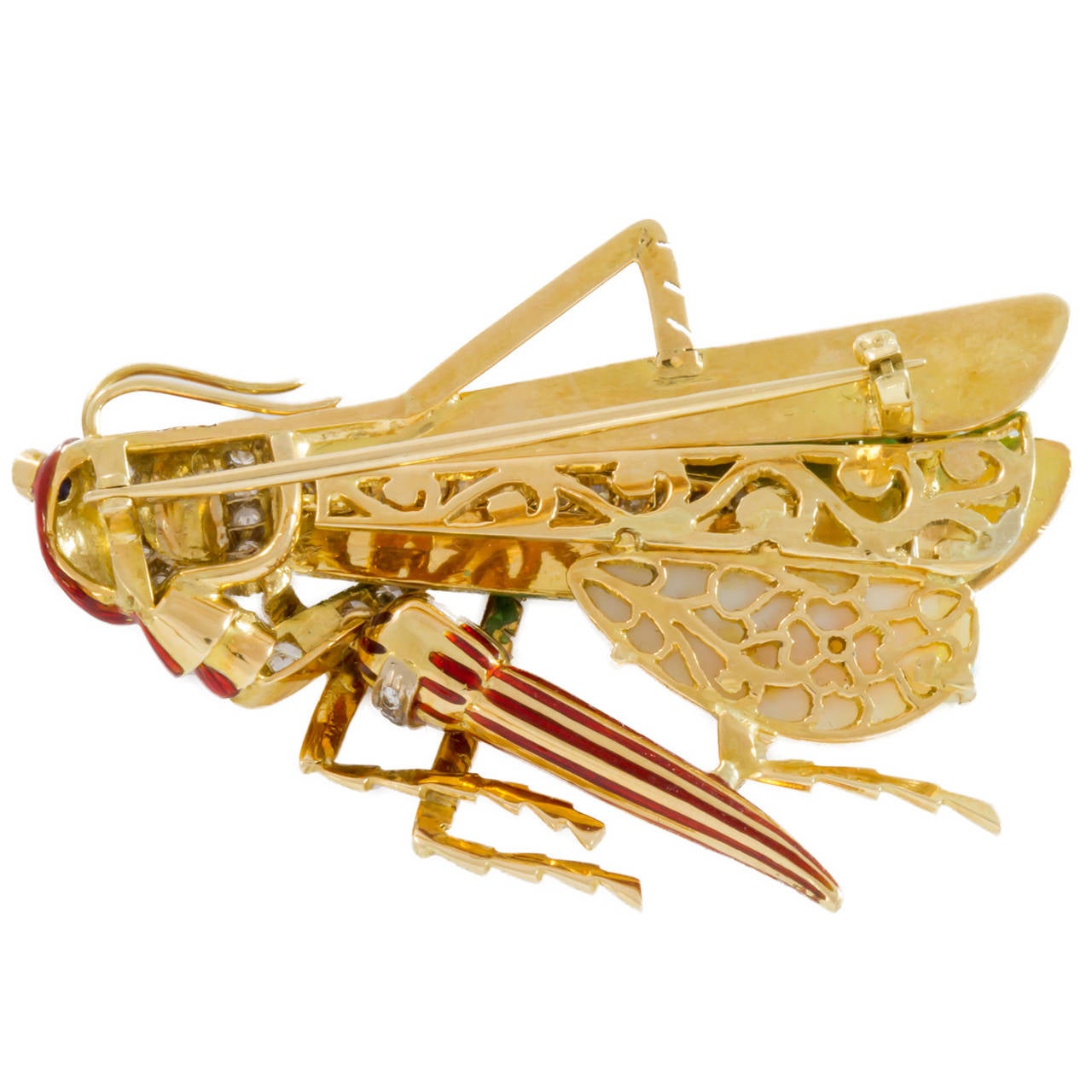 Women's 1970's Gold Grasshopper Brooch, Opal, Diamond and Sapphire