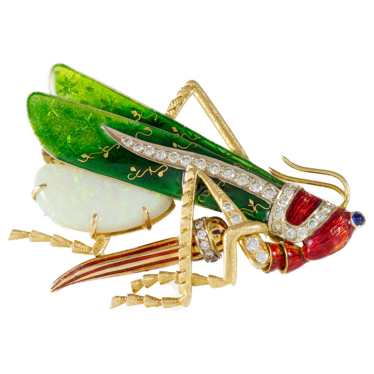 Lady's 18K yellow gold grasshopper brooch prong-set with one (1) Asymmetrical Cabochon cut Opal, bead-set with thirty three (33) Round Brilliant cut Diamonds, bezel-set with one (1) Round Cabochon cut Sapphire eye (1.50 mm) and decorated with green