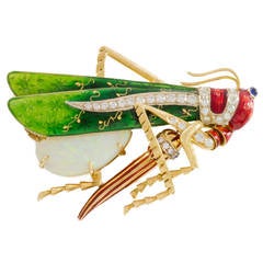 Vintage 1970's Gold Grasshopper Brooch, Opal, Diamond and Sapphire