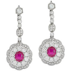 1950s Ruby Diamond Platinum Dangle Earrings