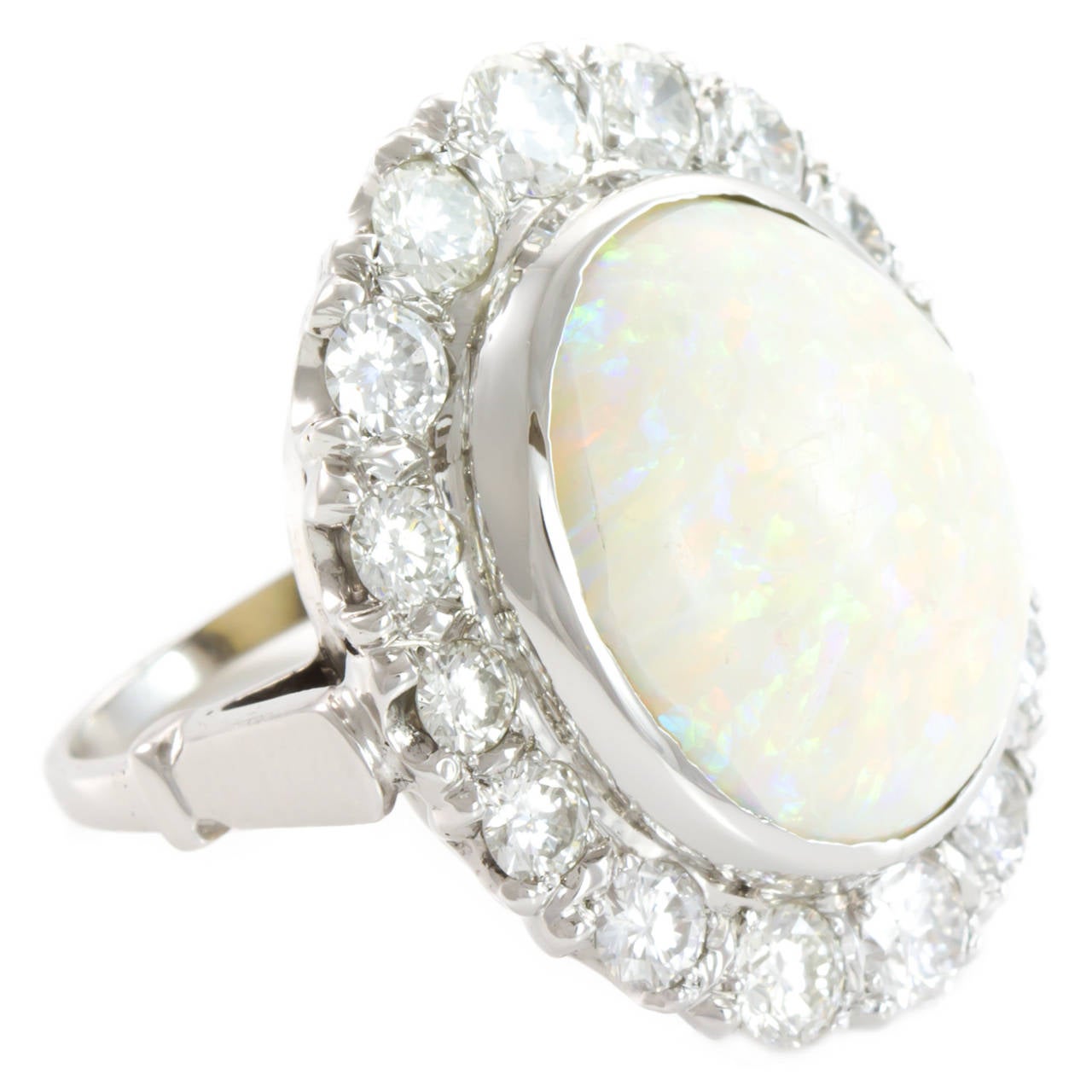 Cabochon Opal Diamond Platinum Ring In Excellent Condition For Sale In Jacksonville, FL