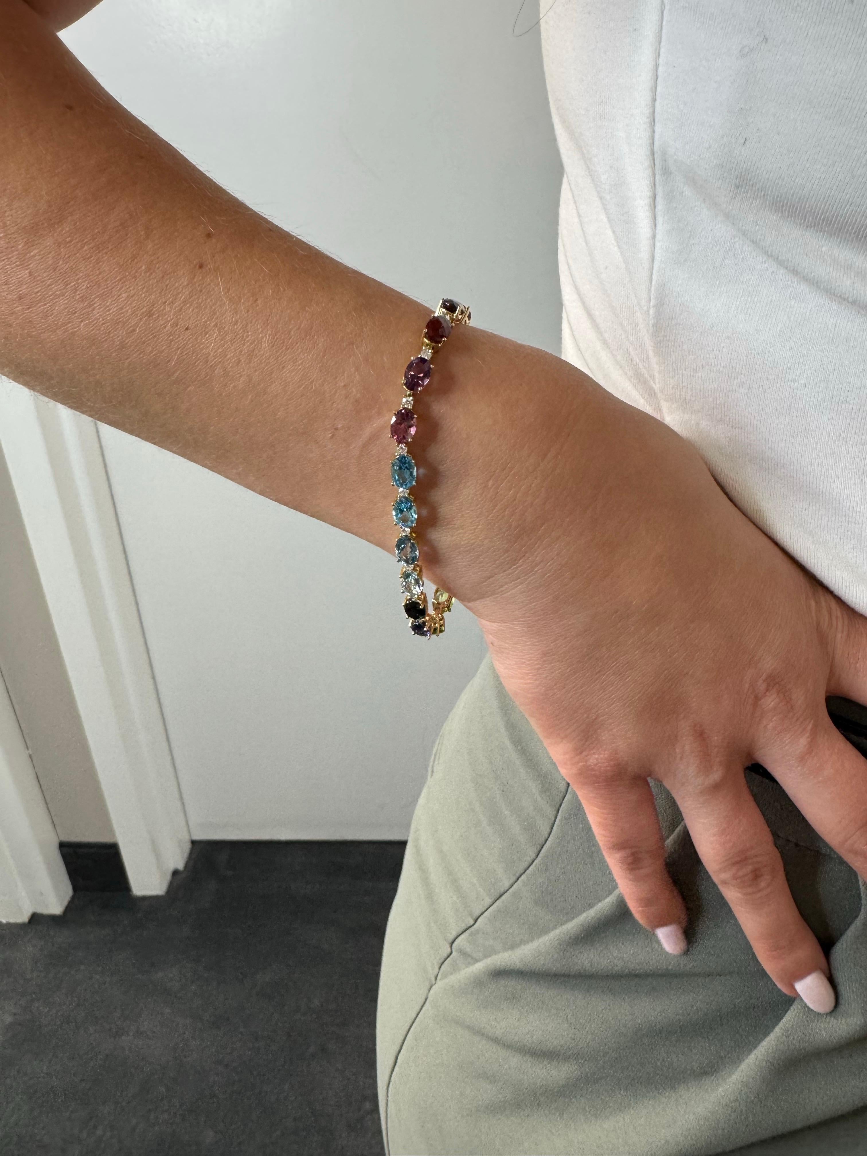 Women's 14K Yellow Gold Rainbow Bracelet with Semiprecious Stones with Safety Clasp For Sale