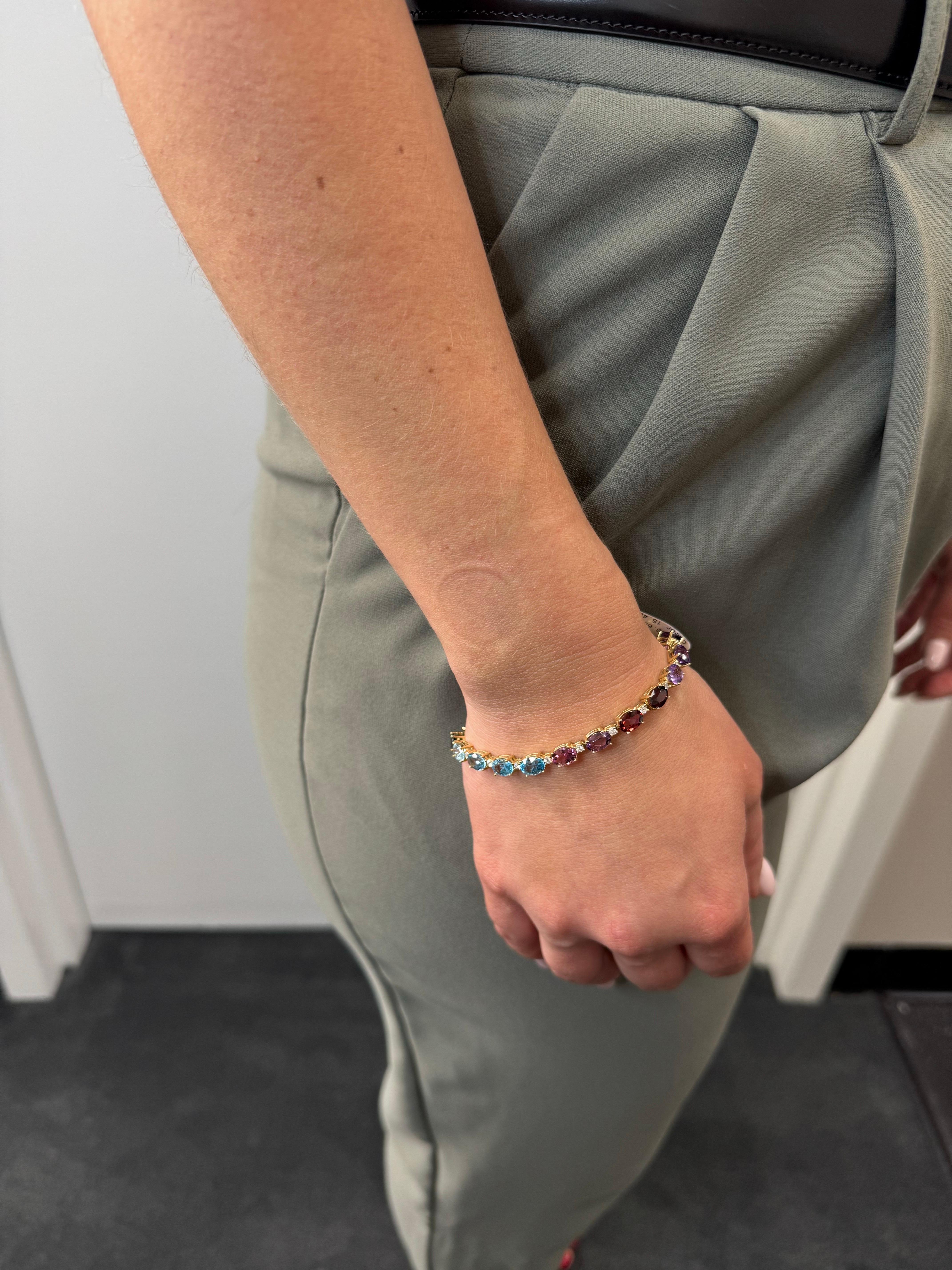 14K Yellow Gold Rainbow Bracelet with Semiprecious Stones with Safety Clasp For Sale 1
