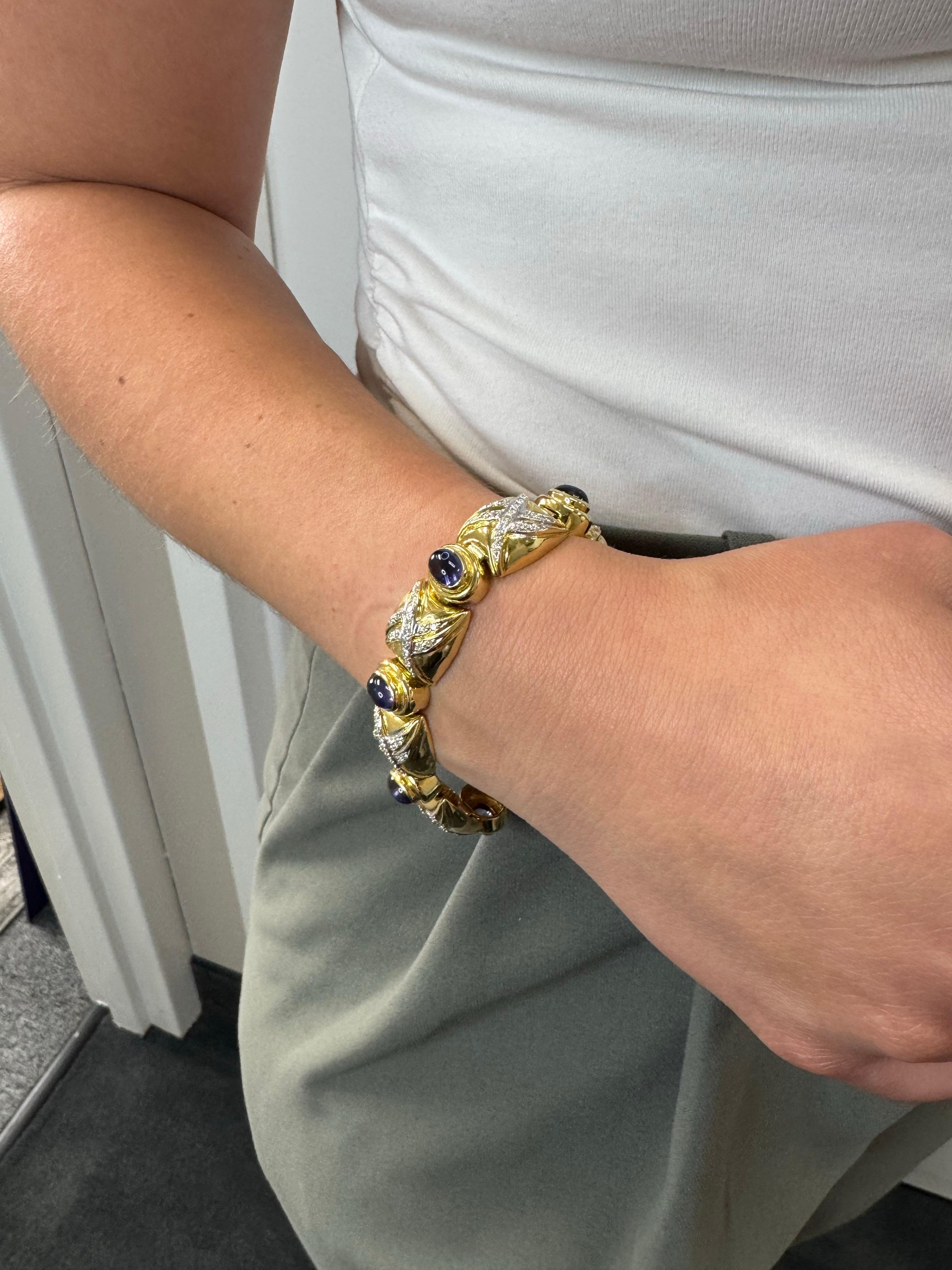 Vintage Bezel Set Cabochon Iolite Wide Bracelet with Round Diamonds For Sale 2