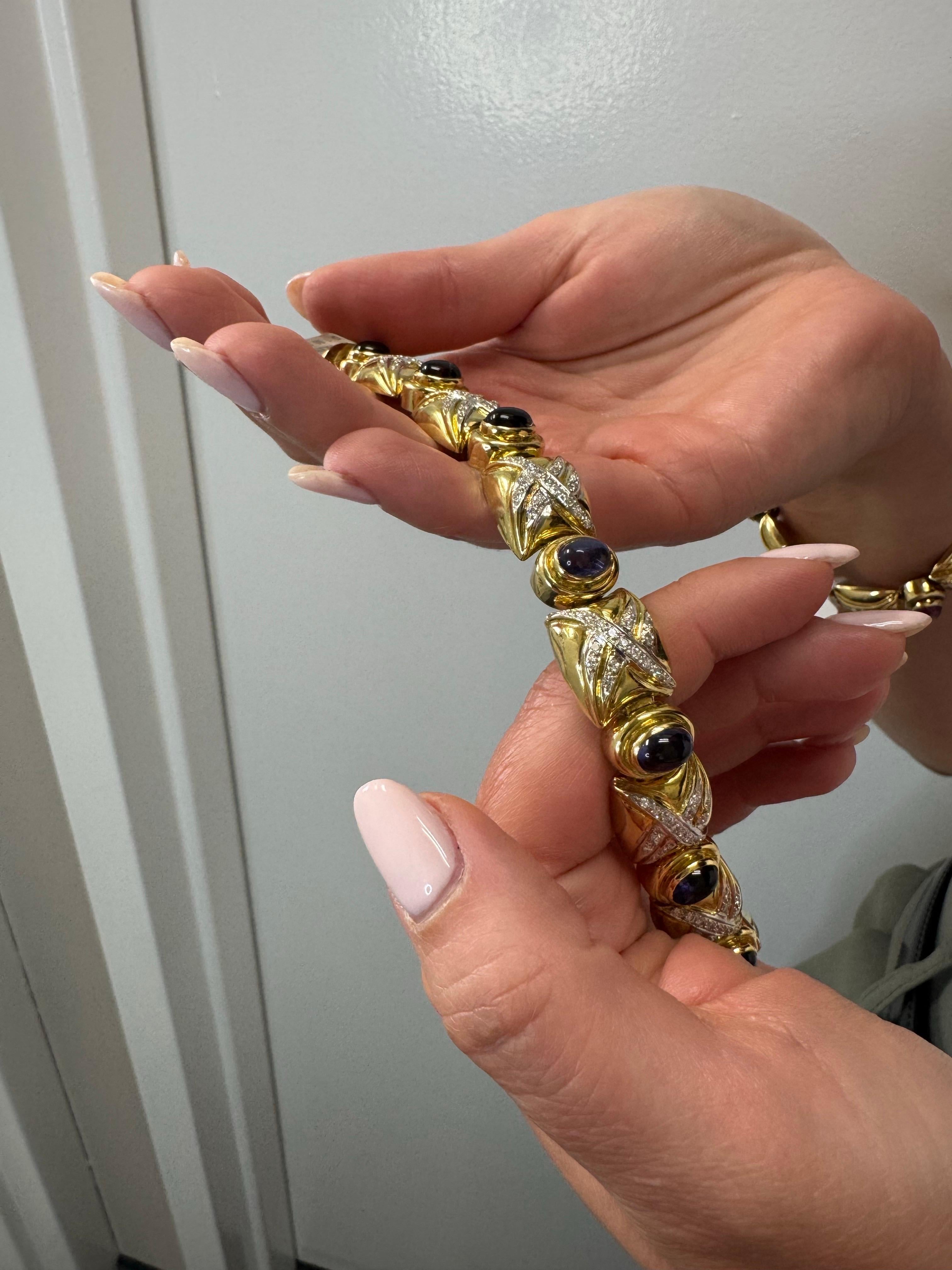Vintage Bezel Set Cabochon Iolite Wide Bracelet with Round Diamonds For Sale 3