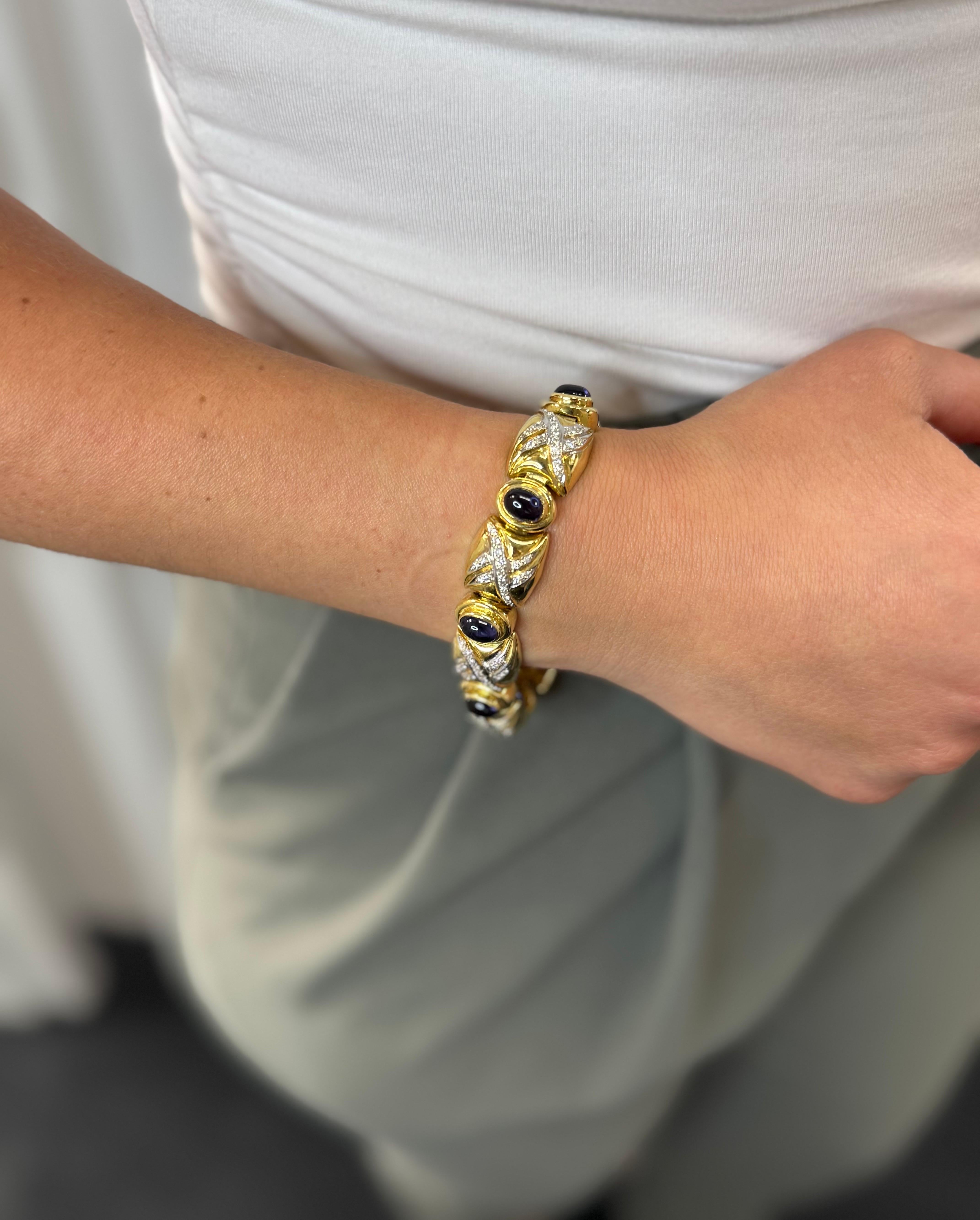 Vintage Bezel Set Cabochon Iolite Wide Bracelet with Round Diamonds For Sale 4