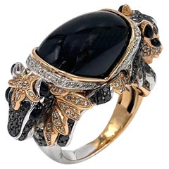 Double Horse Diamond & Cabochon Black Spinel Ring in 18k Rose Gold and Palladium