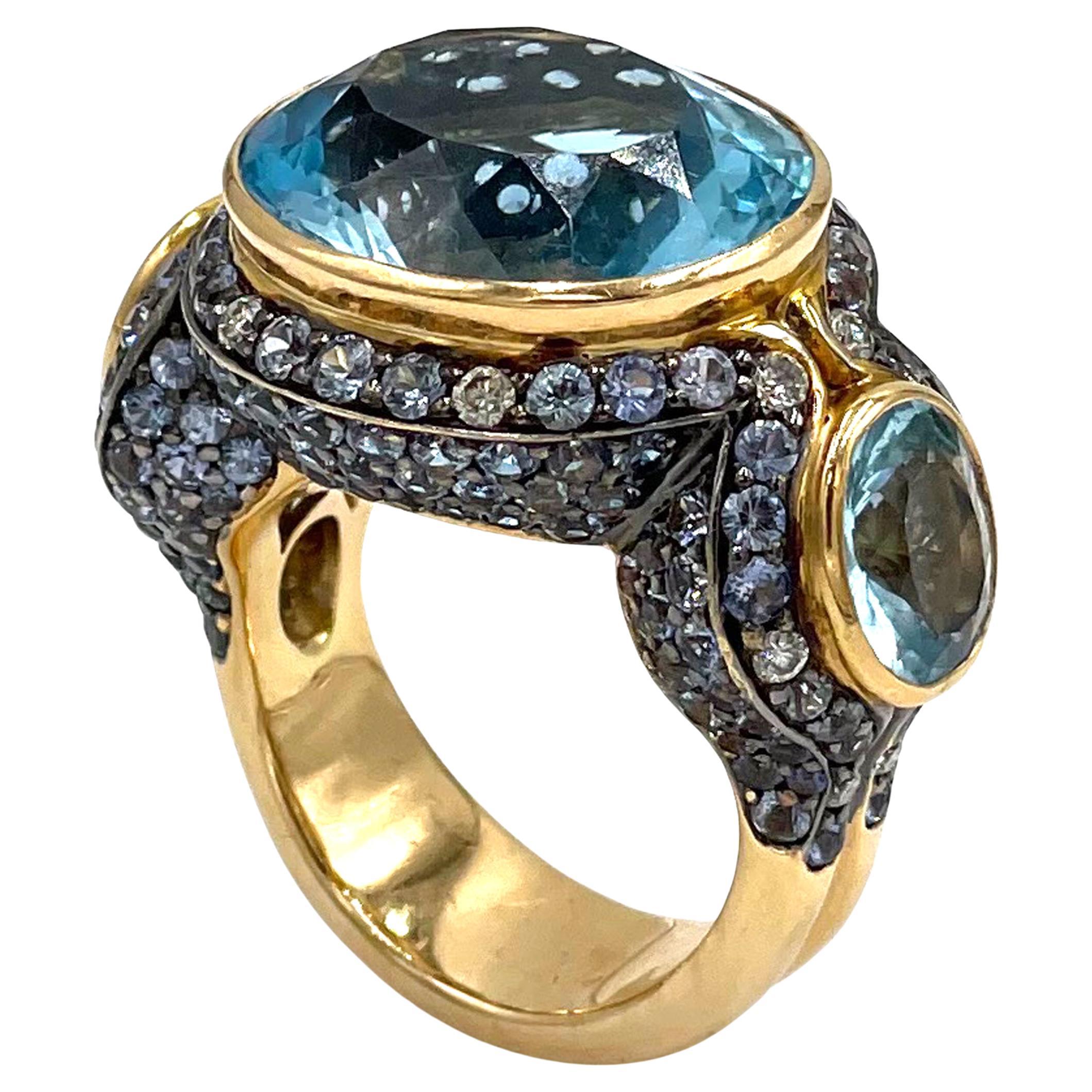 One of a Kind Large 18k Rose Gold Oval Blue Topaz Ring with Sapphires & Diamonds