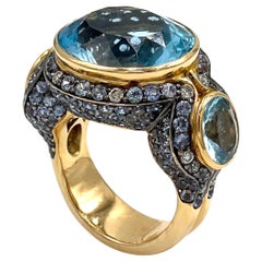 One of a Kind Large 18k Rose Gold Oval Blue Topaz Ring with Sapphires & Diamonds