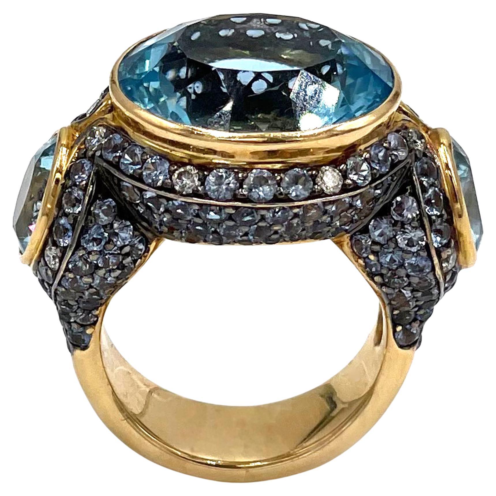 Large 18k Rose Gold Oval Blue Topaz Three Stone Ring with Sapphires & Diamonds