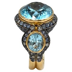 Zorab Creation 18k Rose Gold Oval Blue Topaz Three Stone Ring Sapphires Diamonds