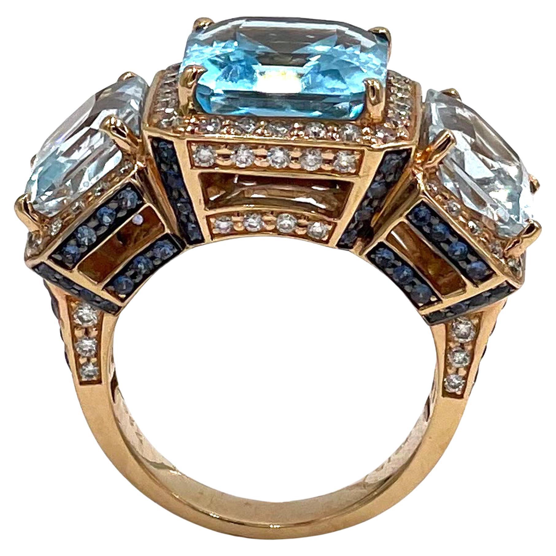 Three Stone Ring Radiant Cut Blue Topaz, Sapphires, Diamonds in 18K Rose Gold