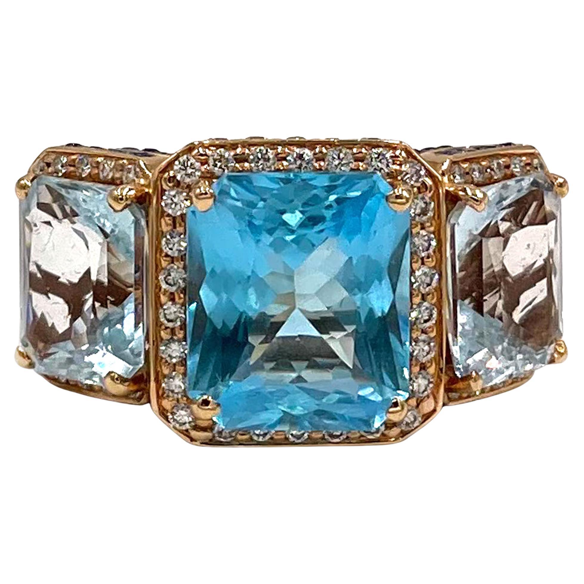 16.78 Carat Radiant Cut Blue Topaz Ring with Sapphires Diamonds in 18K Rose Gold