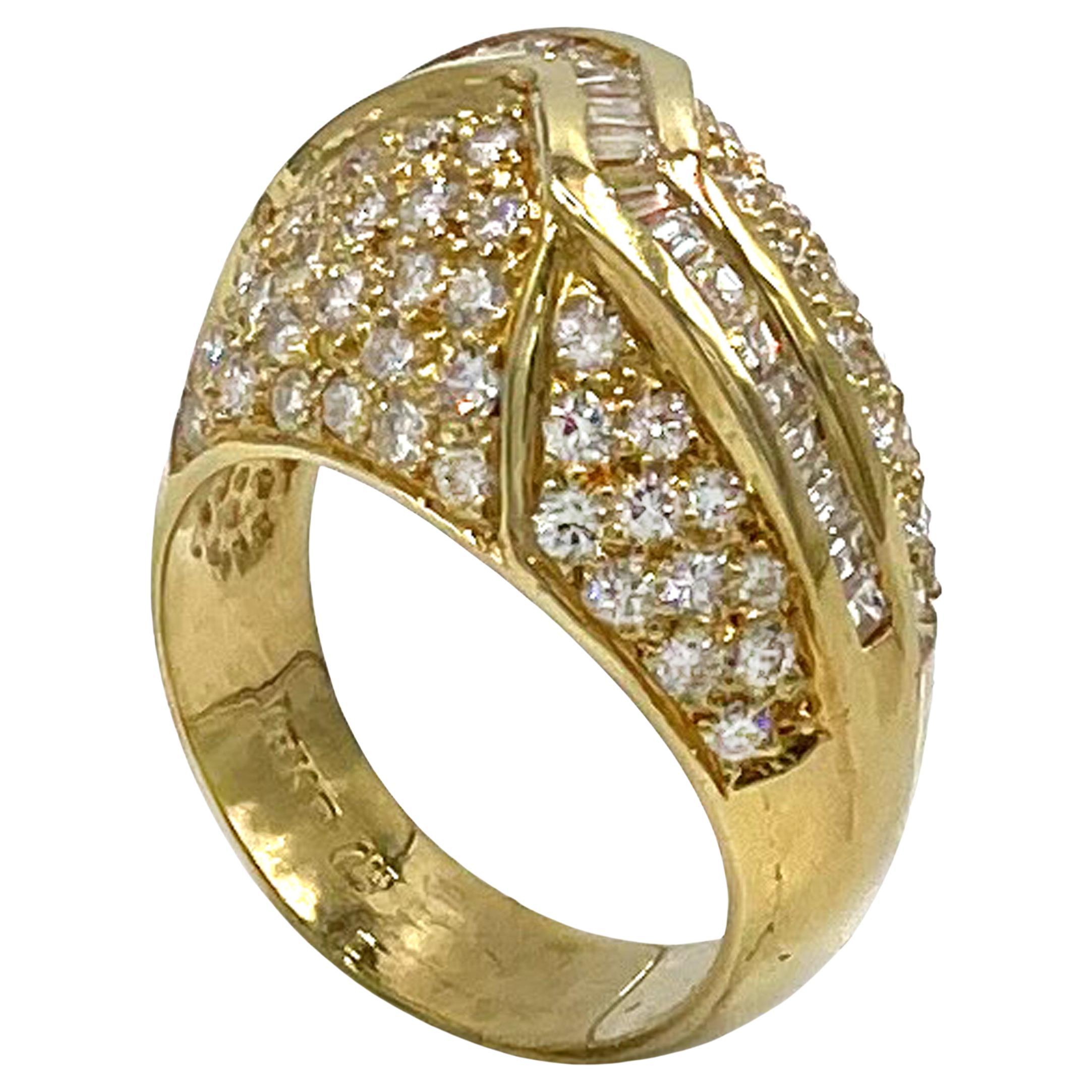 Vintage 18k Yellow Gold Pave Dome Diamond Ring with Geometric Row of Baguettes