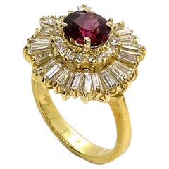 Vintage Ruby Ballerina Ring Double Halo Baguette & Round Diamonds in Yellow Gold
