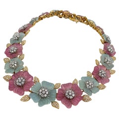 Ambrosi Aquamarine and Pink Tourmaline Flower Necklace - 18K Yellow Gold