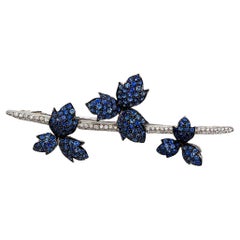 Cascading Floral Bar Pin Brooch in 18K White Gold with Blue Sapphires & Diamonds