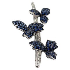 Vintage Cascading Floral Bar Pin Brooch in 18K White Gold with Sapphires and Diamonds
