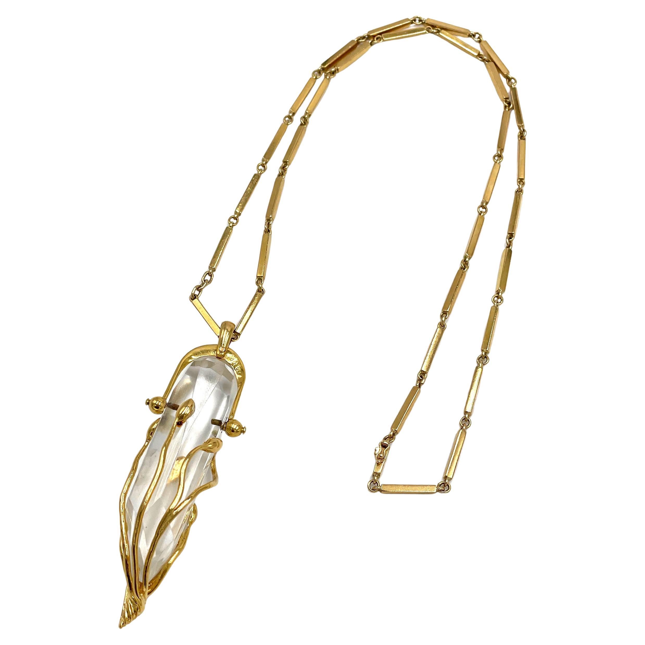 Hand Crafted 18K Yellow Gold and Quartz Crystal Drop Necklace For Sale