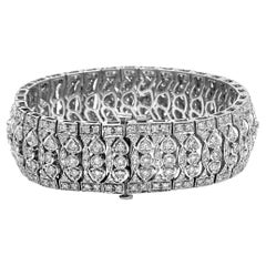 Wide Vintage Style Geometric 18K White Gold Bracelet 13.0 Carat Round Diamonds