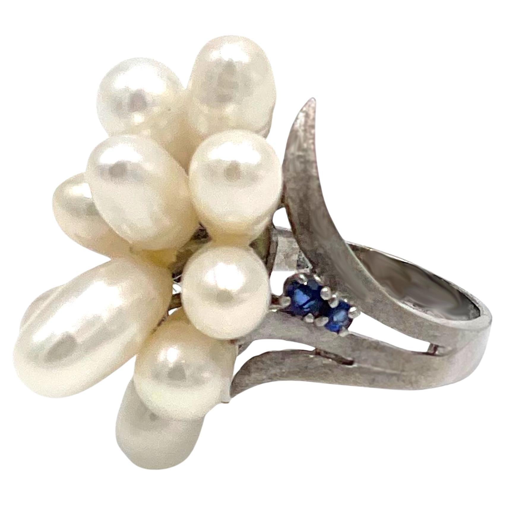 Fresh Water Pearl and Blue Sapphire Flared 14K White Gold Cocktail Ring