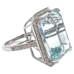 23.93 Carat Step Cut Aquamarine in 14K White Gold Ring Setting, Halo Diamonds