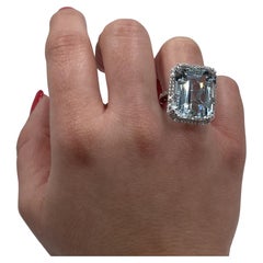 23.93 Carat Step Cut Aquamarine in 14K White Gold Ring Setting, Halo Diamonds