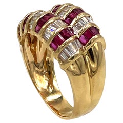 Candy Cane 14K Yellow Gold Two Row Ruby and Diamond Baguette Right Hand Ring