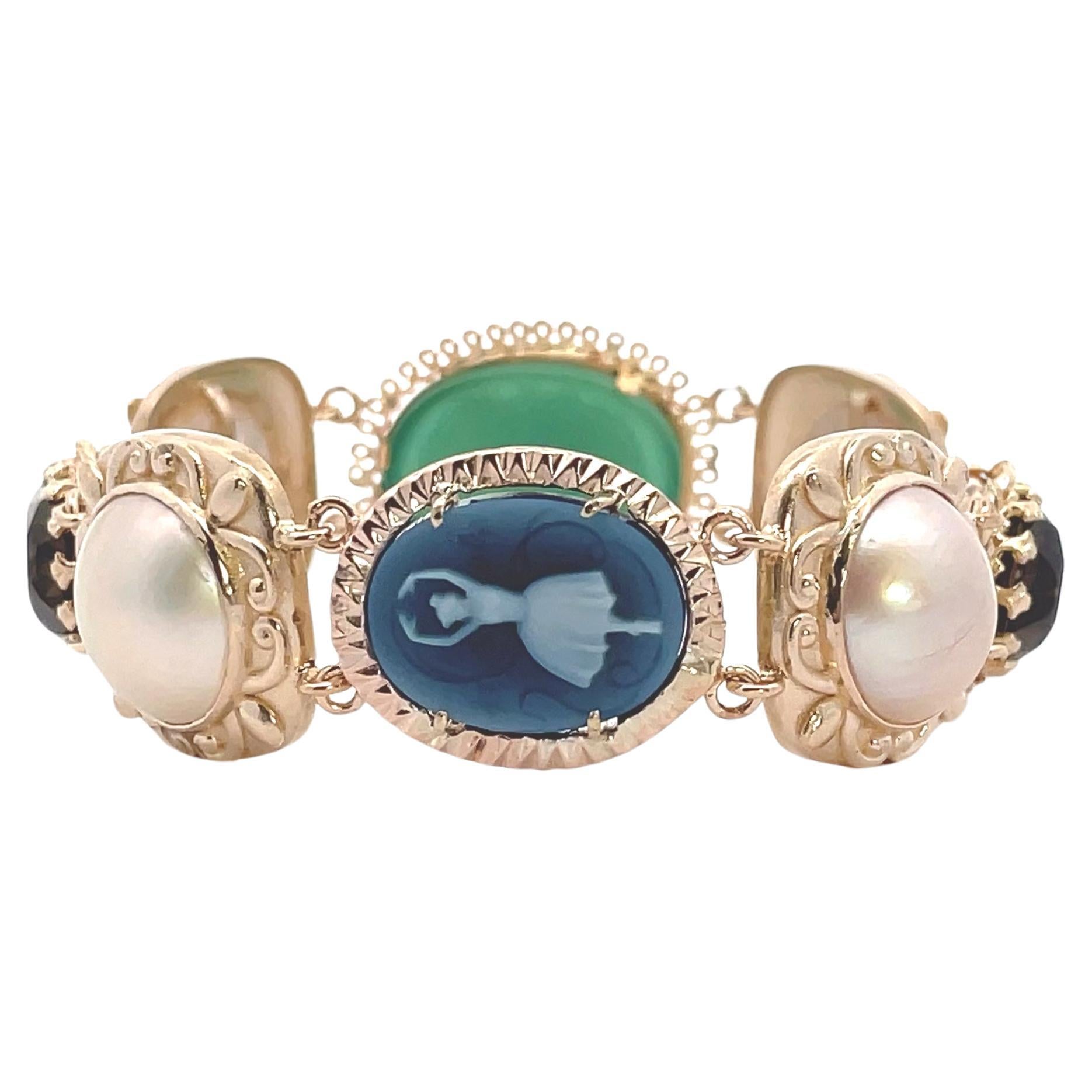 Componenti Vintage - Bracciale in oro giallo 14K con perle, cammeo e topazio fumé in vendita