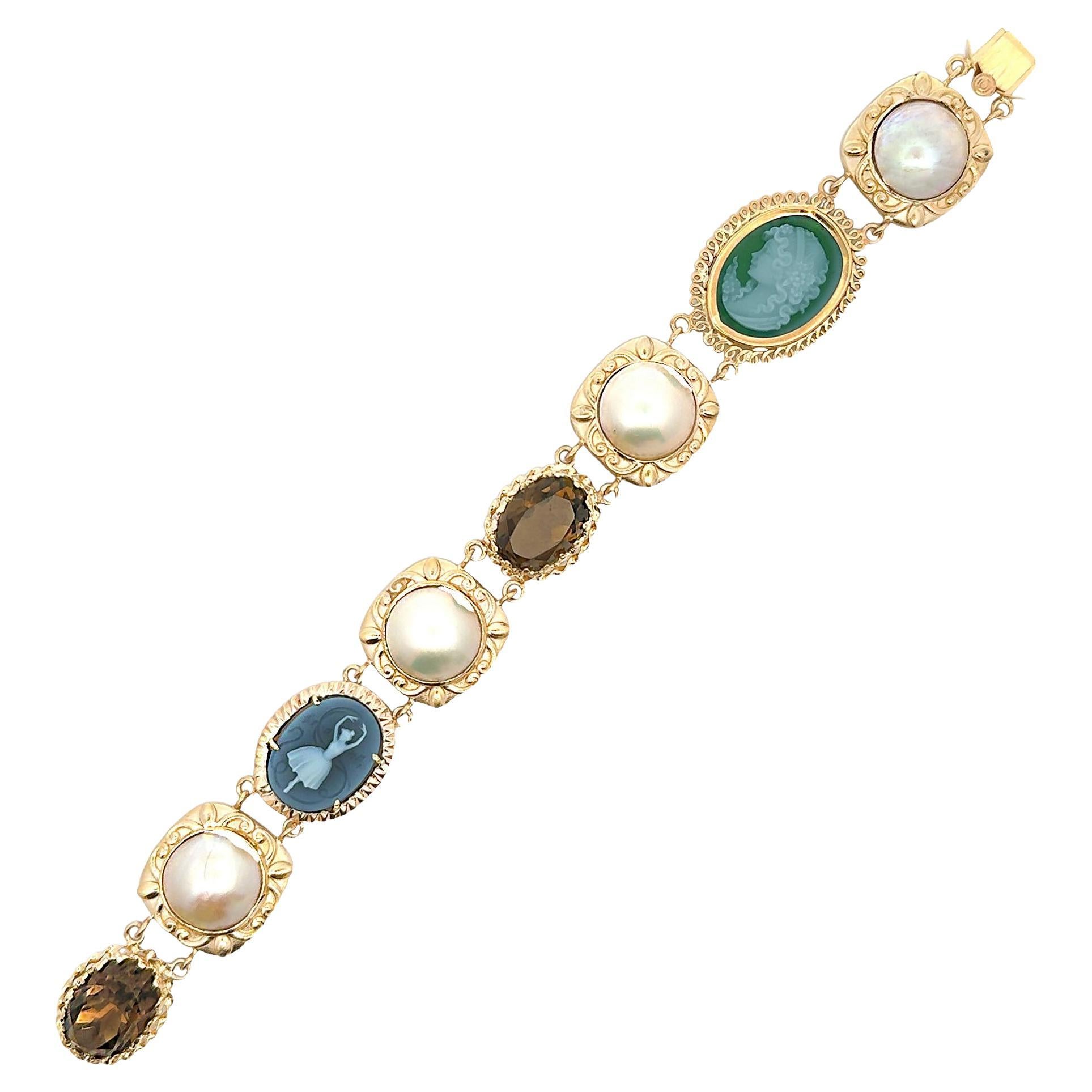 Multicolor 14K Yellow Gold Bracelet with Mobe Pearl, Cameo and Smokey Topaz