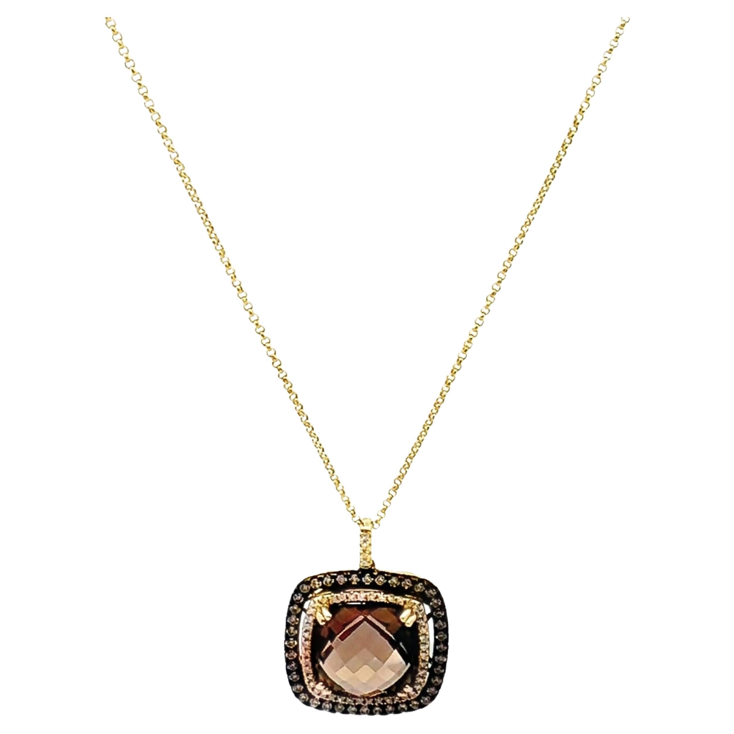 Smoky Quartz Square Shaped Necklace & Double Halo Diamonds in 14K Yellow Gold For Sale