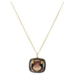 Collana in oro giallo 14K con Topazio Fumé a forma di quadrato e doppi diamanti a raggiera