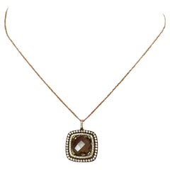 Smoky Quartz Square Shaped Necklace & Double Halo Diamonds in 14K Yellow Gold