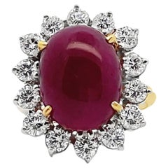 Starburst Oval Cabochon Ruby Ring, Prong Set in 18K Yellow Gold, Round Diamonds
