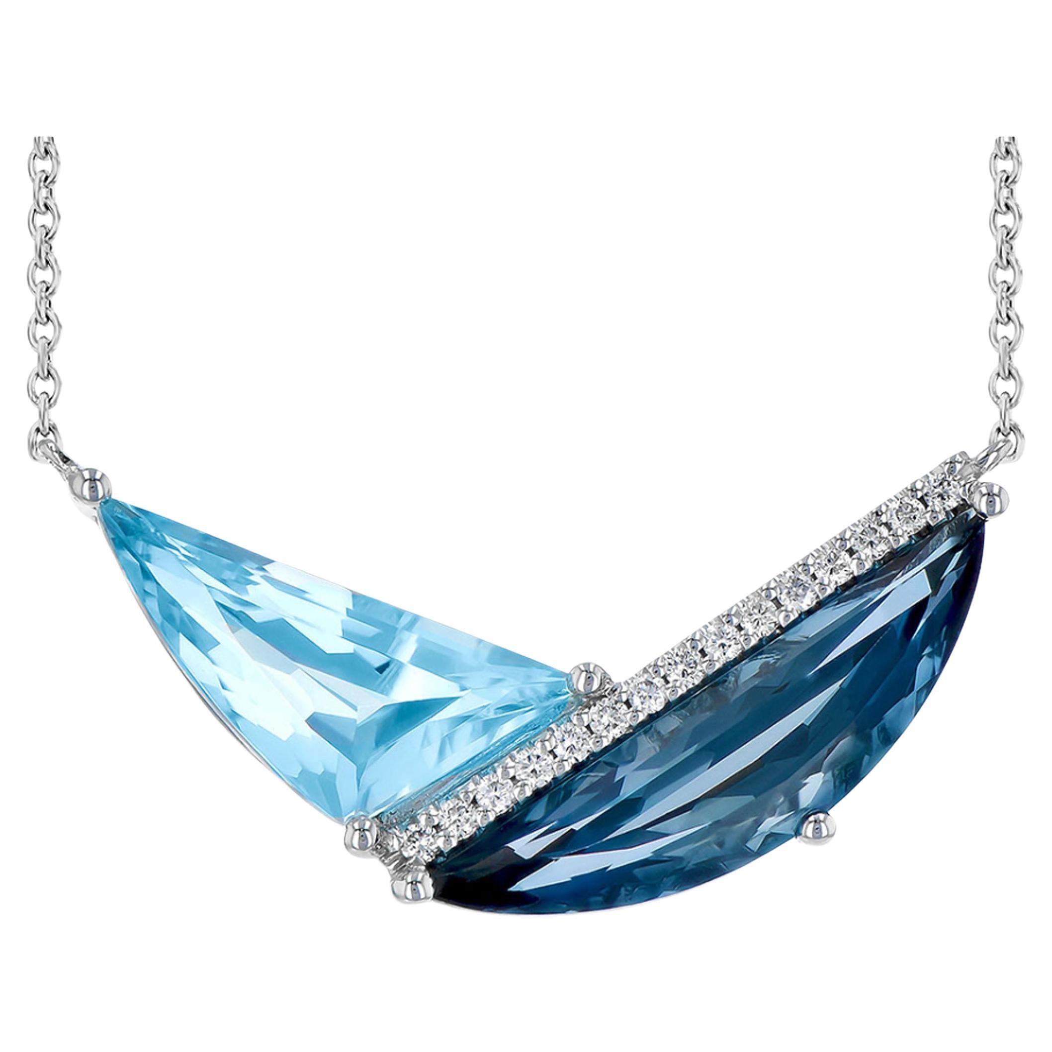 Allison Kaufman 14K Weißgold Blauer Topas Geometrische Halskette Diagonale Diamanten