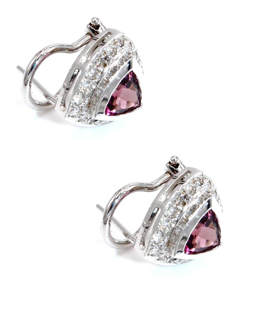 Donna Orecchini a triangolo in tormalina rosa con diamanti a raggiera e fondello a Omega in vendita