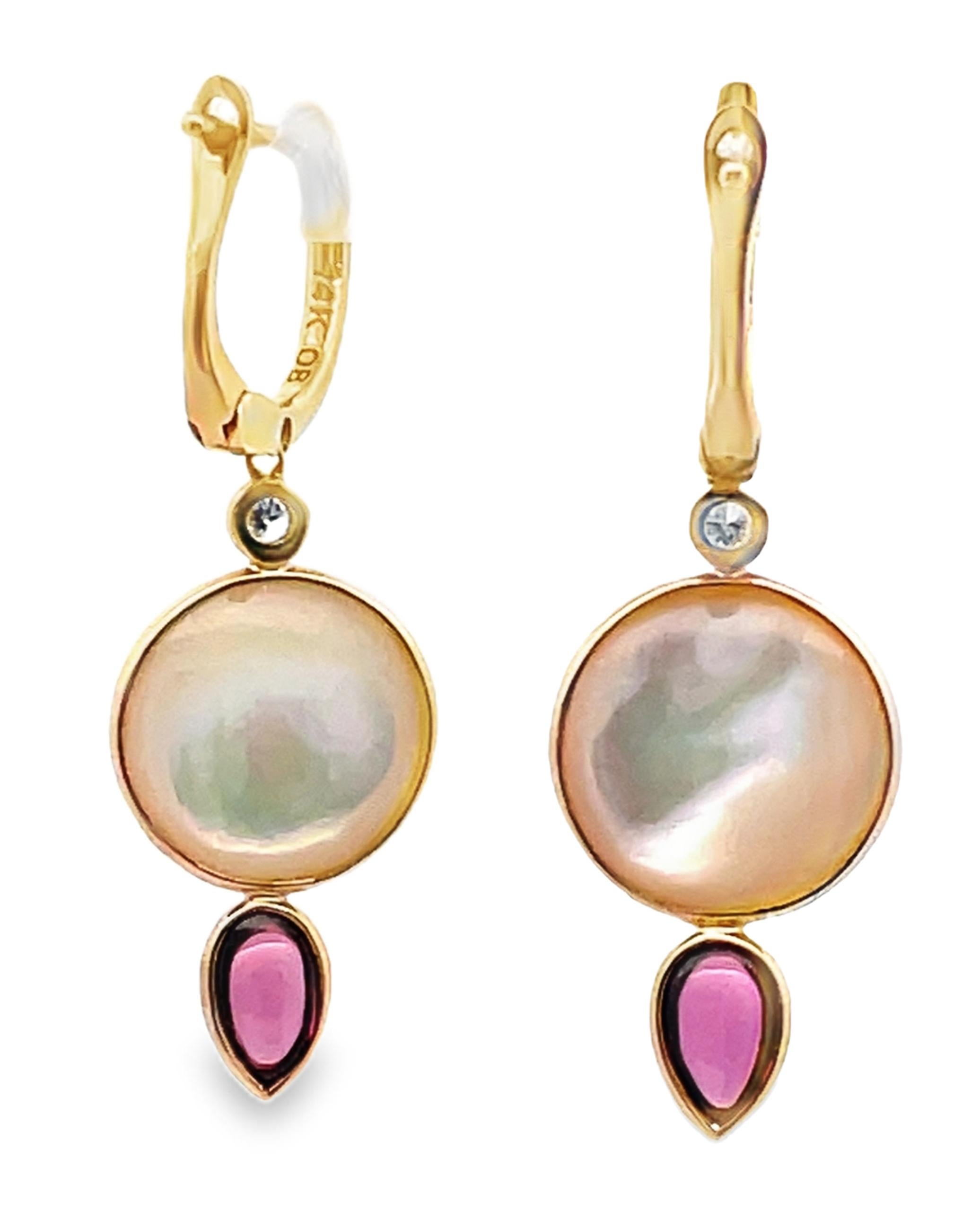 Mabe - Pendants d'oreilles en or 14K avec perles et briolettes Rhodolite - Dos à charnière Neuf - En vente à Old Tappan, NJ