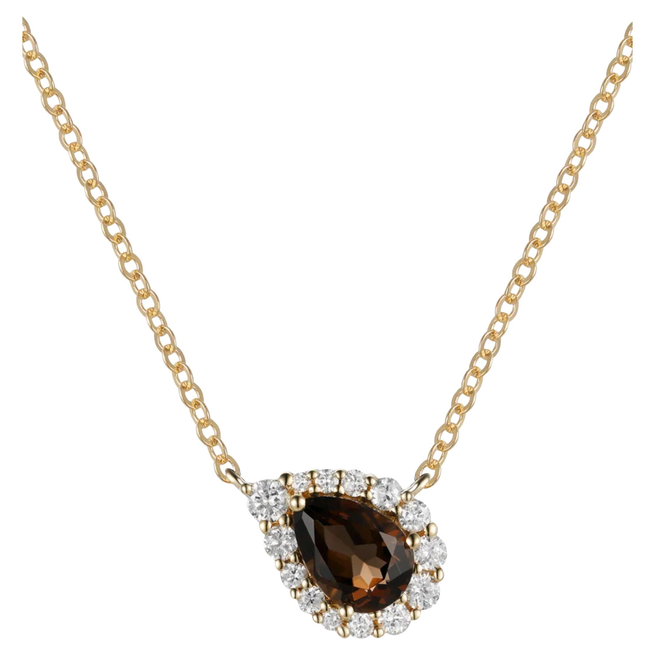 Collier en or jaune avec diamants et topaze fumée en forme de larme et longueur ajustable en vente