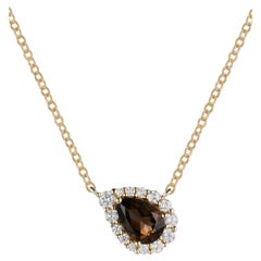 Tropfenförmige Diamant-Halskette aus Gelbgold mit Smokey Topas und verstellbarer Länge